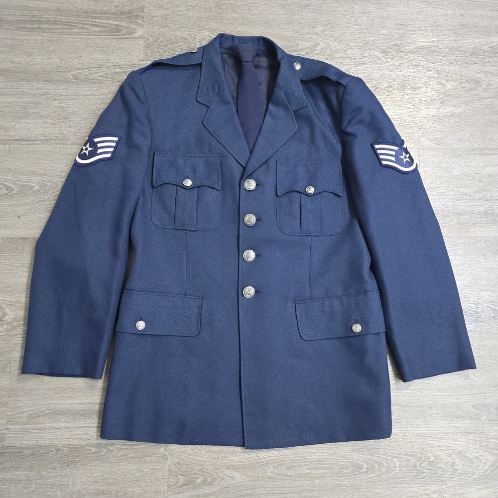 VTG US Air Force USAF SSgt E5 Blue Button Front Wool Dress Jacket w/Neck Tie 38R